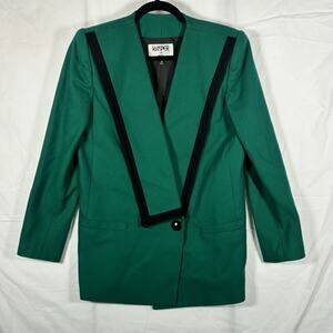 Kasper for A.S.L. 1980s Vintage Emerald Green/Black Wool Blazer Sz 10